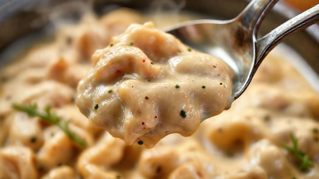 Close-up do strogonoff de frango cremoso pronto, destacando a textura do molho e os pedaços de frango