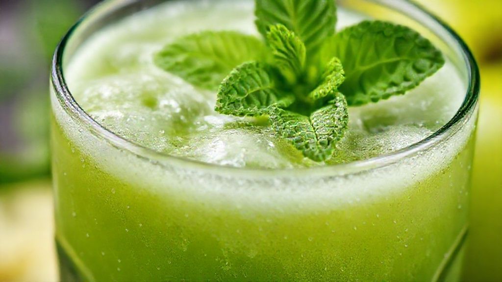 Close-up do copo de suco com textura leve e folhas de hortelã no topo, mostrando frescor.