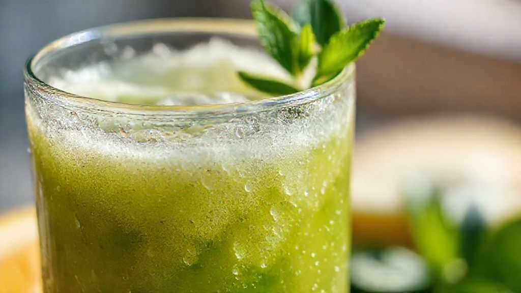 Close-up do suco verde servido em copo transparente com gotas de condensação e textura cremosa