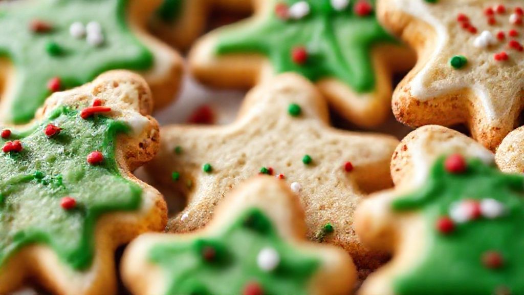 Close-up dos biscoitos prontos, mostrando a textura dourada e o glacê decorativo colorido.