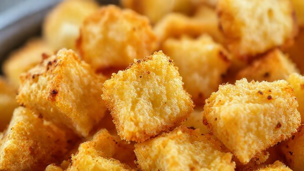 Close-up mostrando a textura dourada e crocante dos croutons recém-saídos do forno