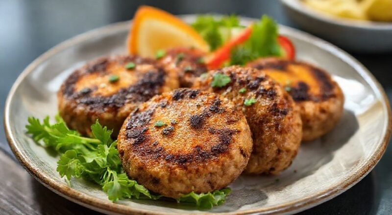 Disco de carne goiano dourado, empanado e servido em prato rústico com molho e salada fresca