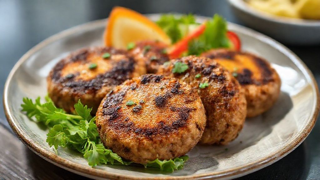 Disco de carne goiano dourado e crocante servido em prato com molho, mostrando textura suculenta