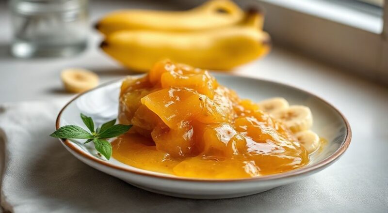 Tigela de vidro com doce de banana caseiro cremoso, dourado e brilhante, com colher de madeira