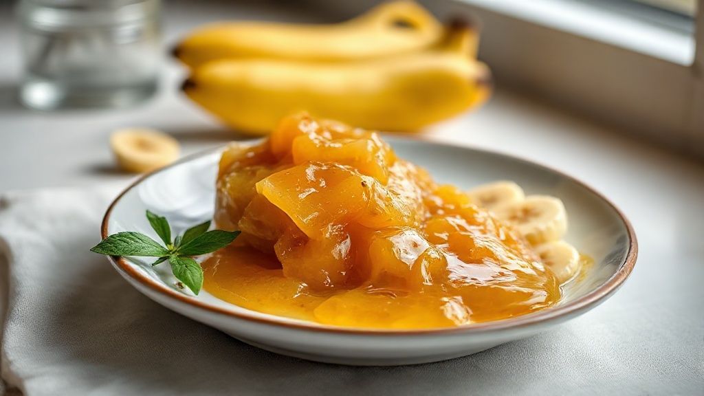 Doce de banana caseiro cremoso servido em tigela de vidro, com coloração dourada e aparência brilhante