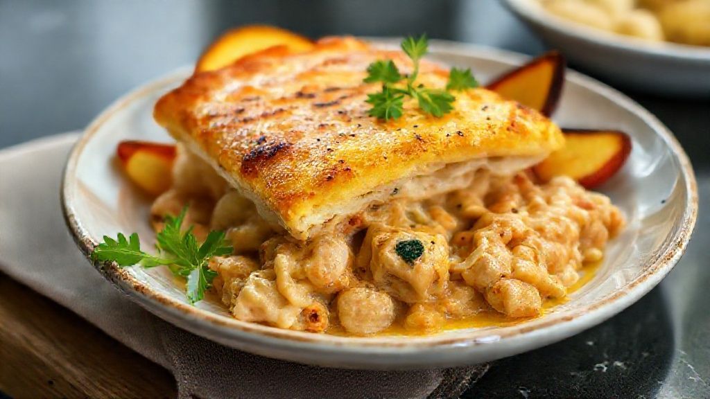 Empadão de frango tradicional dourado e crocante com recheio cremoso servido em prato branco