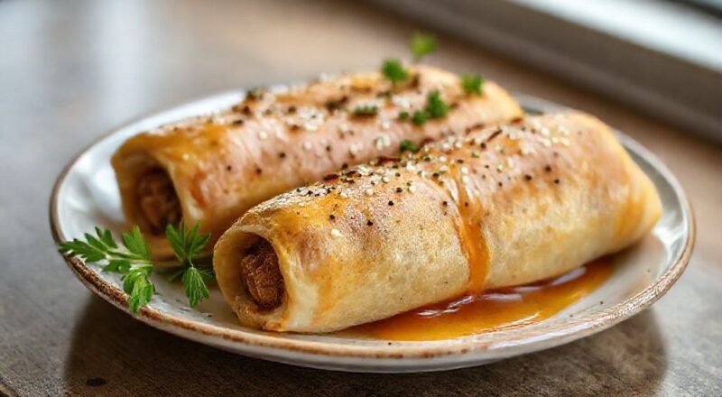 Enroladinhos de salsicha assados, douradinhos e dispostos em um prato decorado, prontos para servir