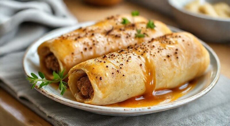 Enroladinhos de salsicha dourados, macios e apetitosos, servidos em prato de lanche elegante