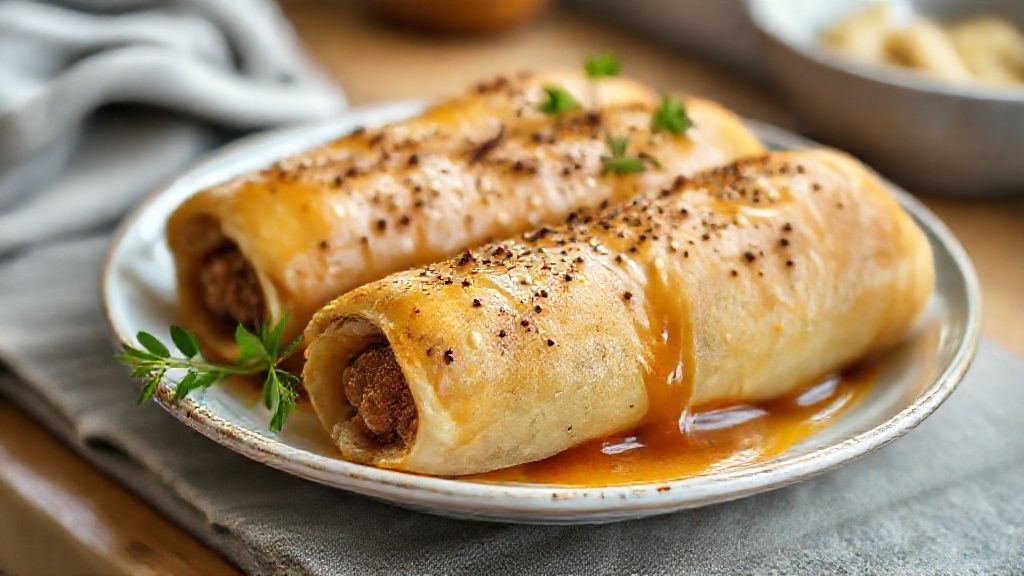 Enroladinho de salsicha caseiro dourado e fofinho servido em prato branco com gergelim