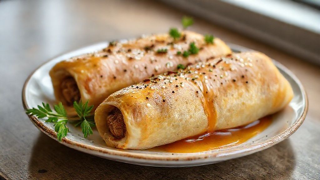 Enroladinho de salsicha dourado e crocante, servido em prato de lanche, ideal para festas ou vender