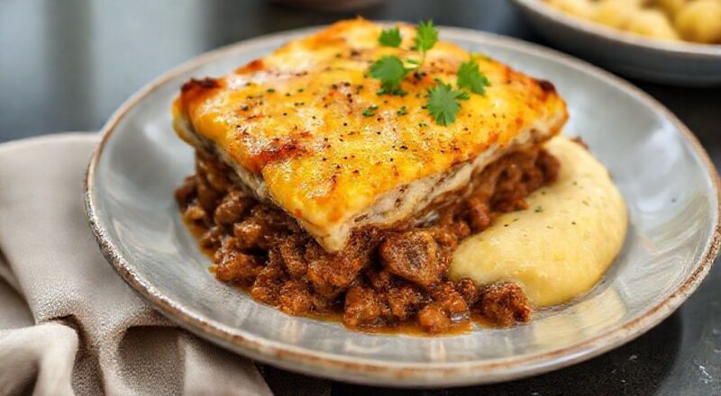 Prato gratinado com purê dourado e recheio suculento de carne seca, servido em refratário rústico e apetitoso