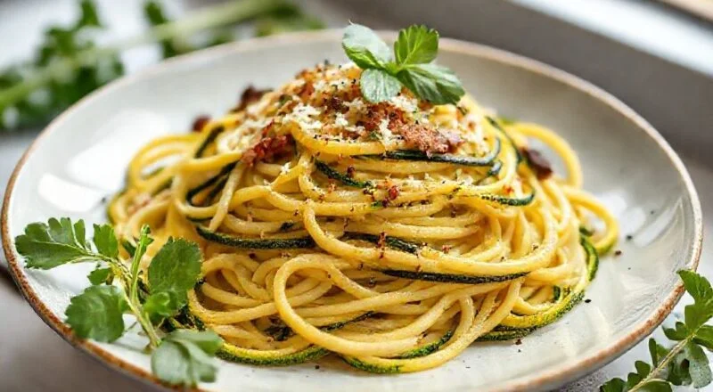 Prato de espaguete de abobrinha servido com molho leve, manjericão e fio de azeite, colorido e apetitoso