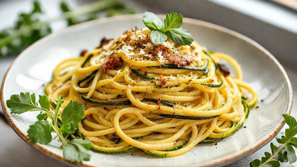 Prato de espaguete de abobrinha fresquinho com molho leve e folhas de manjericão, leve e saudável
