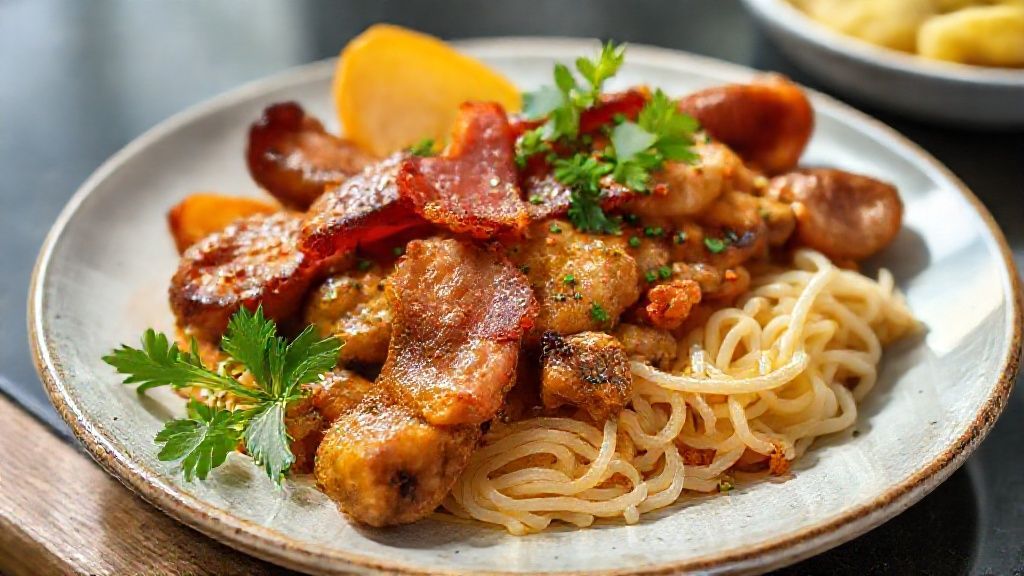 Farofa com bacon e calabresa dourada em uma tigela, soltinha e crocante, pronta para servir no churrasco