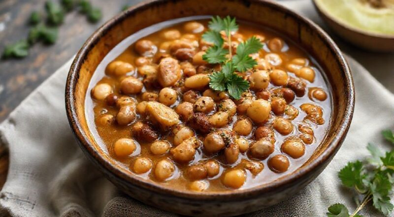 Prato de fava nordestina cremosa servida em tigela de barro, com pedaços de linguiça, bacon e ervas frescas por cima