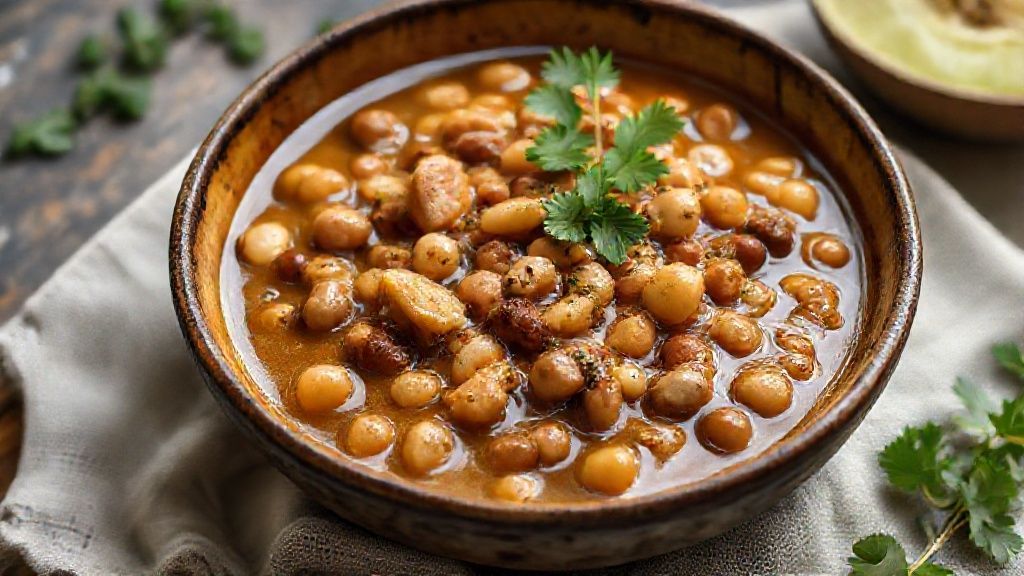 Prato de fava nordestina cremosa com linguiça e bacon, decorado com coentro fresco