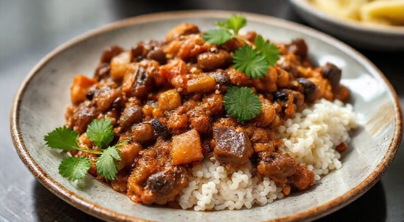 Prato de feijoada colombiana bem servido, acompanhado de arroz, banana frita e abacate, com cores vivas e visual apetitoso.