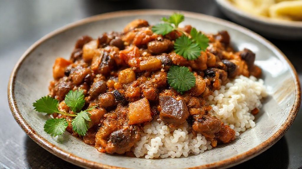 Feijoada colombiana servida em tigela rústica com arroz, banana frita e abacate, destacando o ensopado encorpado e colorido.