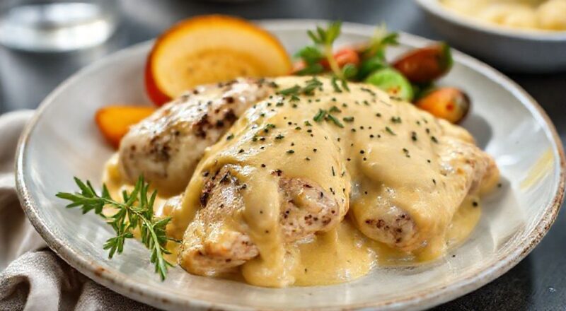 Peito de frango dourado coberto com molho cremoso de mostarda dijon, servido em prato elegante e decorado com salsinha fresca