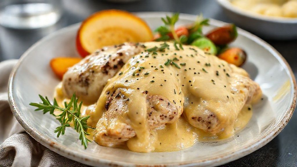 Prato de frango dijon cremoso servido com molho dourado, mostarda e salsinha, pronto para degustar