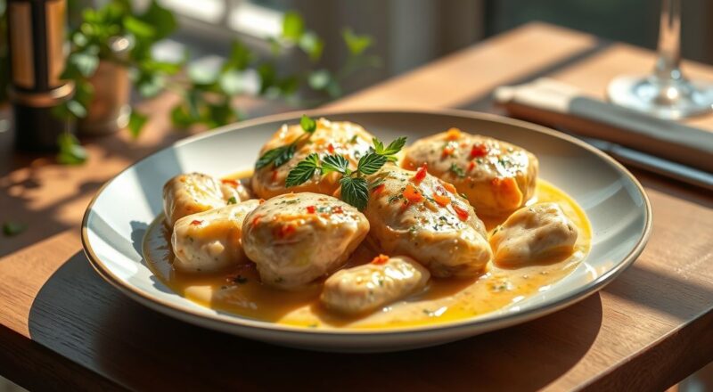 Prato de fricassê de frango gratinado com queijo derretido e cobertura de batata palha dourada, servido em refratário branco