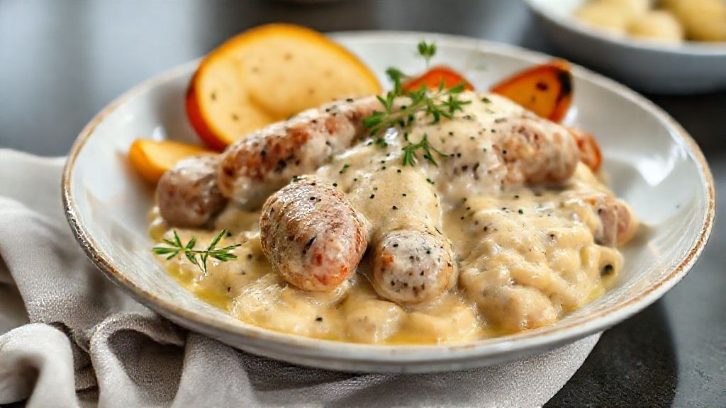 Fricassê de linguiça cremoso coberto com queijo derretido e batata palha dourada, servido quente