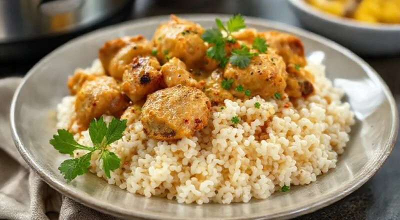 Prato de galinhada dourada com arroz soltinho e pedaços de frango suculentos, servido em tigela rústica sobre toalha colorida.