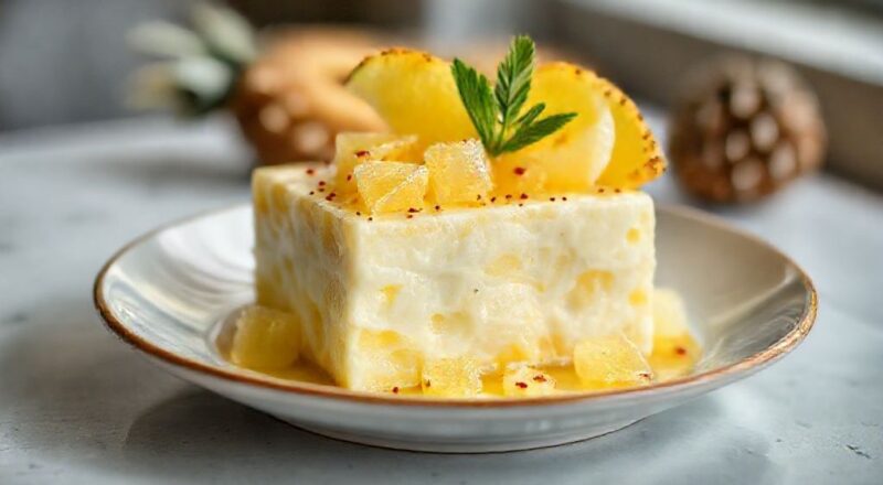 Sobremesa gelada de abacaxi e creme branco com cobertura de chocolate e coco, servida em taça elegante