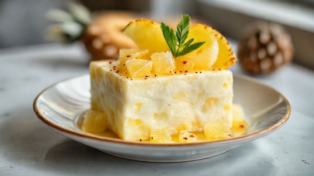 Taça com gelado de abacaxi cremoso decorado com coco e raspas de chocolate branco, sobremesa tropical irresistível