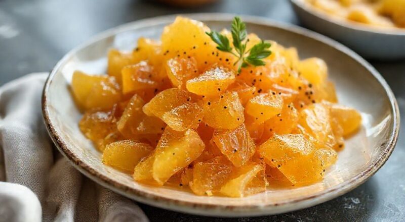 Pedaços dourados de gengibre cristalizado servidos em um pote de vidro, com aparência açucarada e textura crocante.