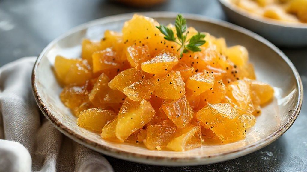 Gengibre cristalizado caseiro dourado e crocante servido em pote de vidro, com pedaços açucarados bem definidos.