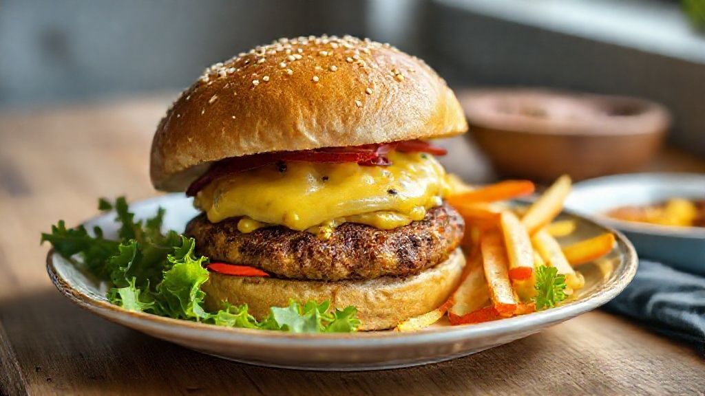 Hambúrguer de milho caseiro crocante servido no pão com salada e molho fresco