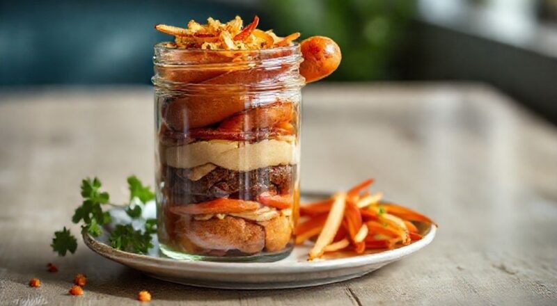 Potes de hot dog no pote prontos, em camadas, com purê, molho de salsicha e batata-palha dourada por cima