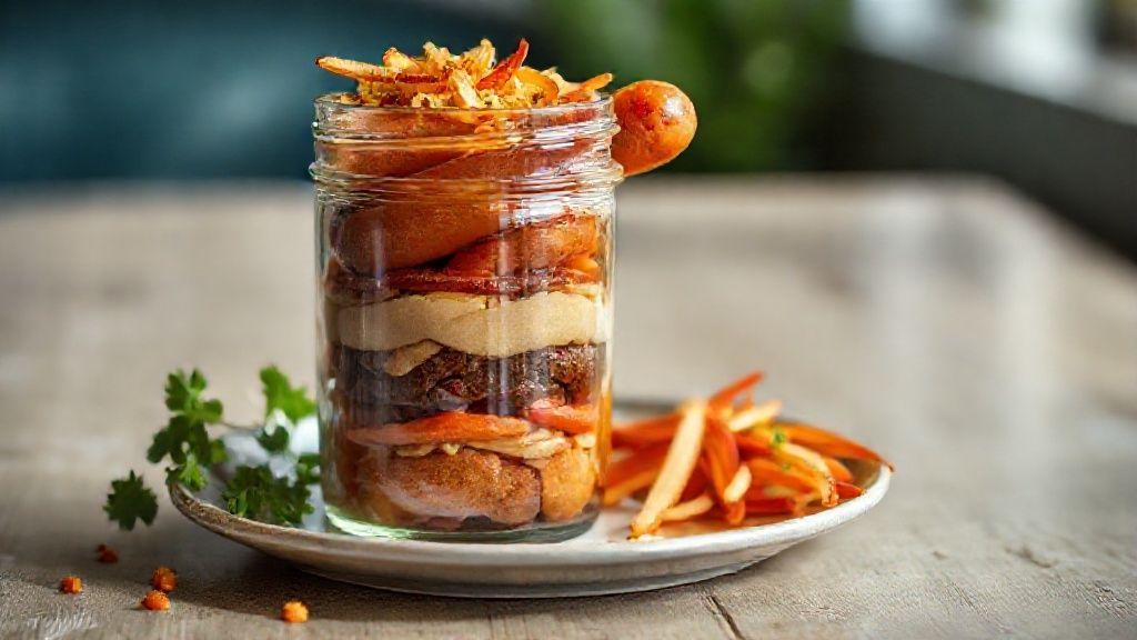 Hot dog no pote pronto com camadas de purê, molho de salsicha e batata-palha crocante