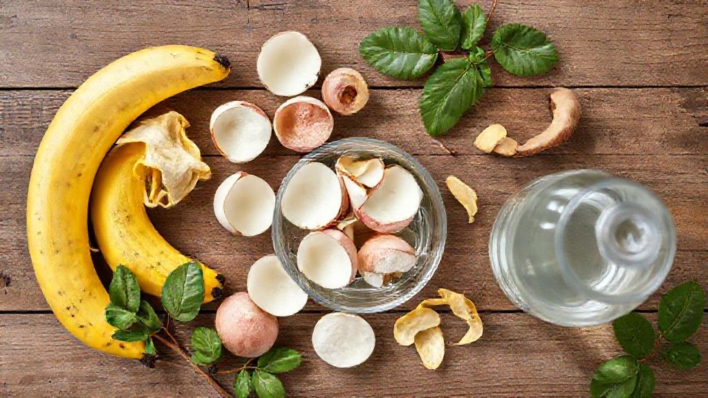 Ingredientes organizados sobre a bancada, incluindo cascas de banana, ovo e batata.