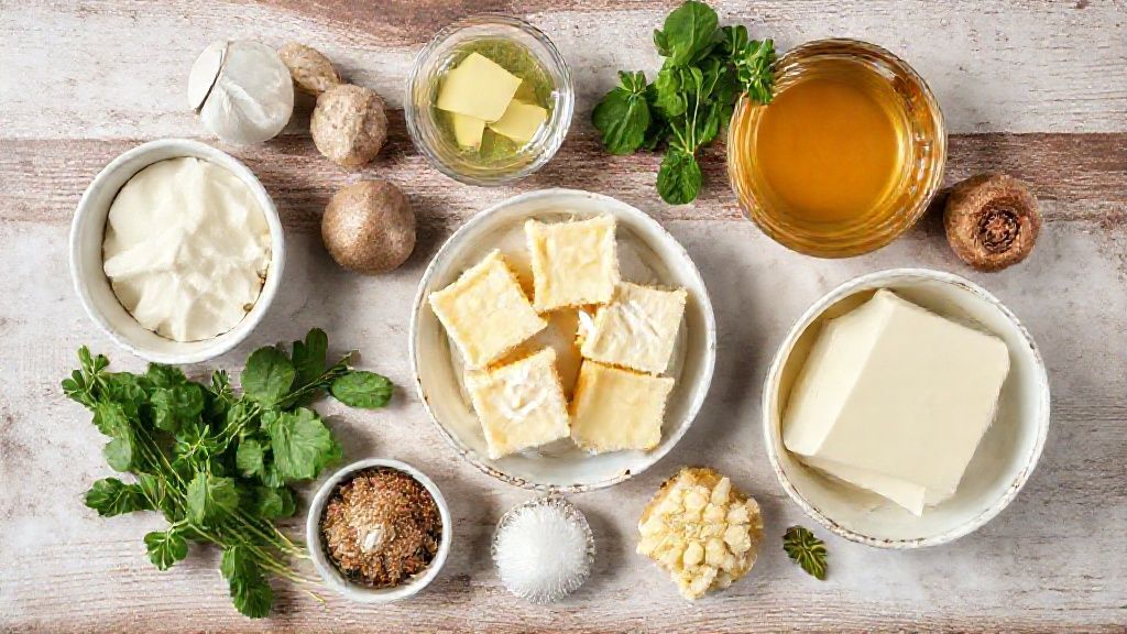 Visão de cima com todos os ingredientes separados e organizados em tigelas sobre uma bancada de mármore