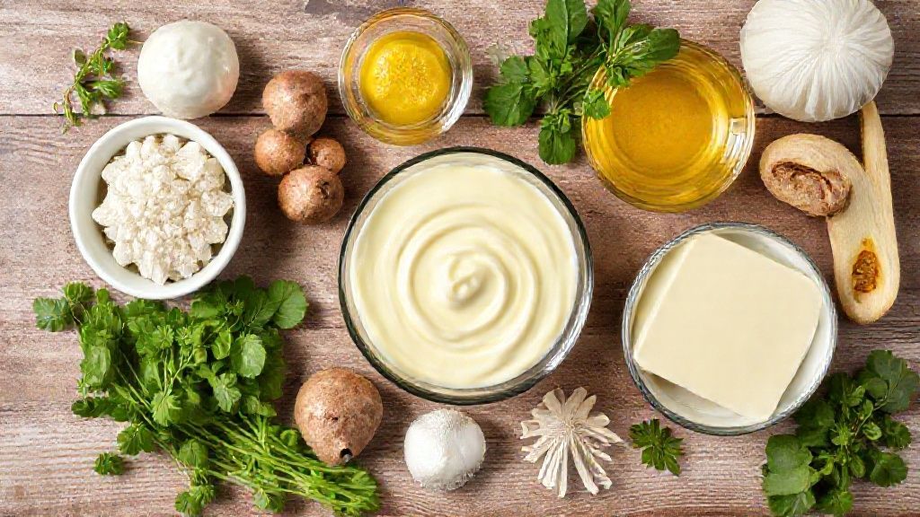 Visão de cima dos ingredientes medidos e organizados sobre bancada de madeira