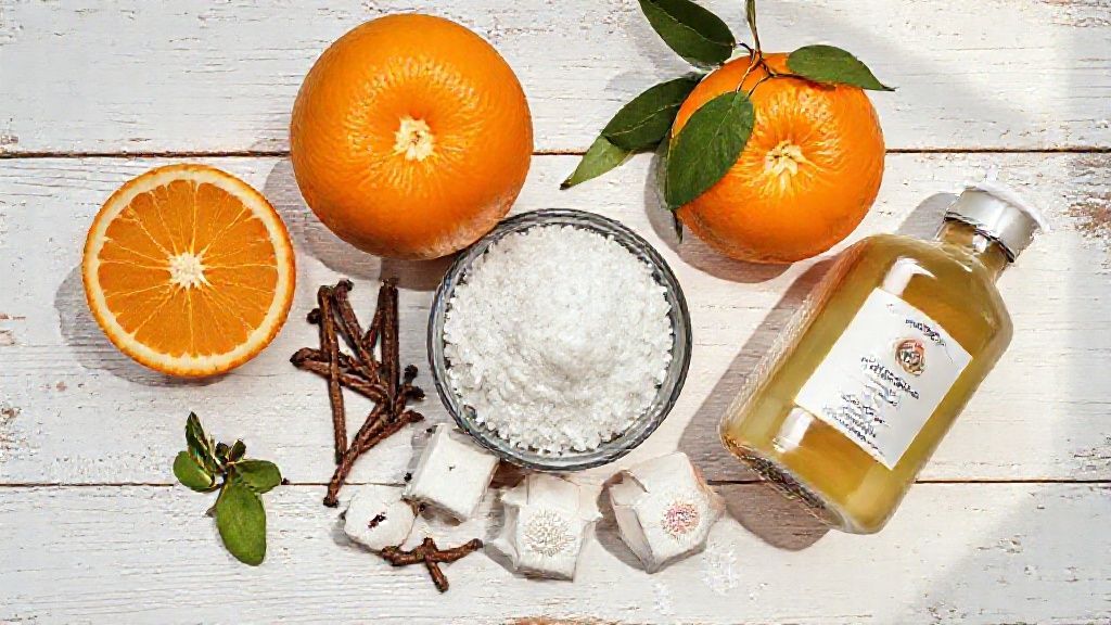 Vista de cima mostrando laranjas, cravo-da-índia, sal grosso, leite de rosas e naftalina organizados sobre bancada de madeira