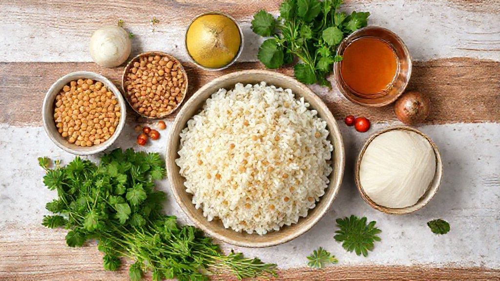 Visão de cima mostrando arroz, lentilha, bacon, legumes e temperos organizados sobre uma superfície de madeira