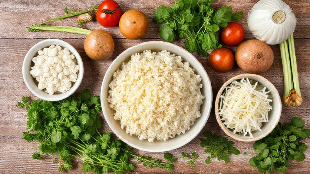 Visão de cima dos ingredientes do arroz de forno dispostos em tigelas sobre bancada de madeira