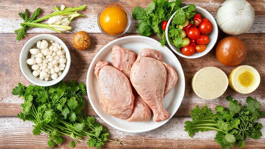 Visão de cima com todos os ingredientes do frango e da salada organizados em uma bancada