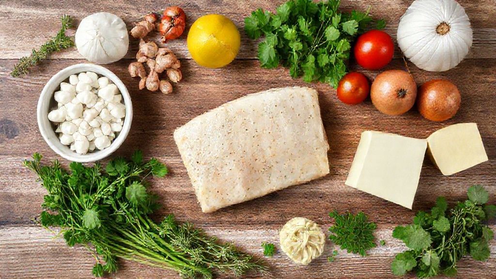 Visão de cima com bacalhau, batatas, pimentões, queijo e azeite organizados sobre bancada de madeira.
