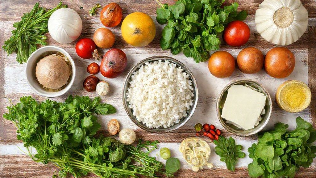 Visão de cima com leite condensado, coco ralado, açúcar e demais ingredientes sobre bancada de mármore