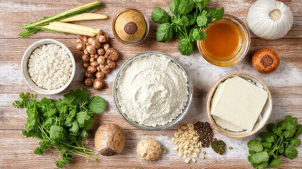 Vista de cima com os ingredientes da barrinha de whey protein organizados sobre bancada de madeira