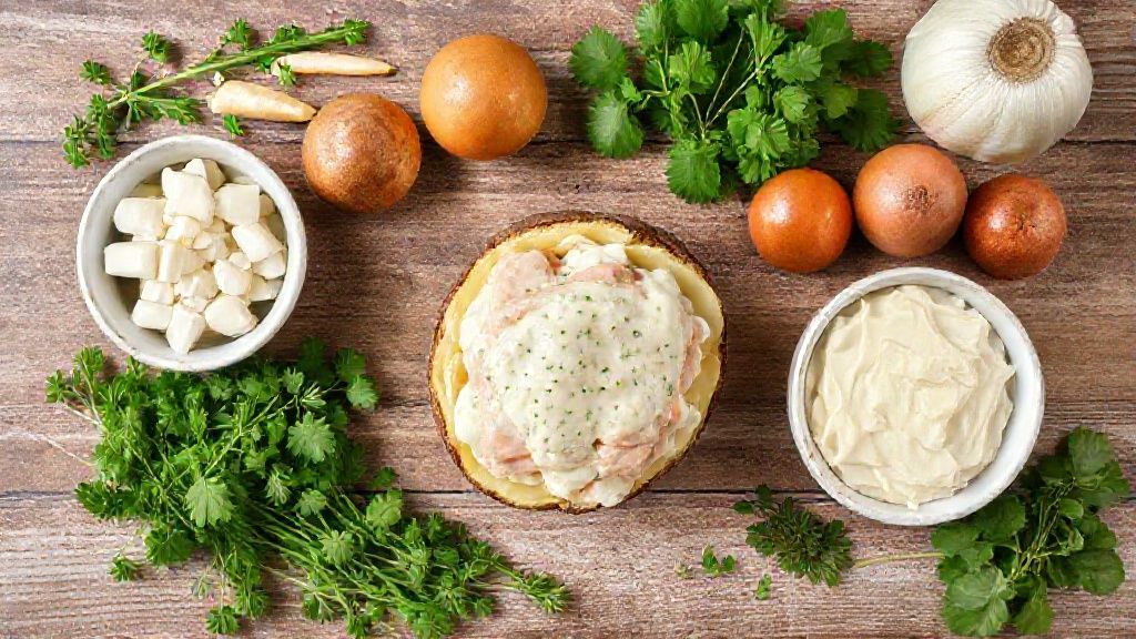 Visão de cima dos ingredientes da receita — batatas, frango desfiado, queijo, creme de leite e temperos — organizados sobre bancada de madeira