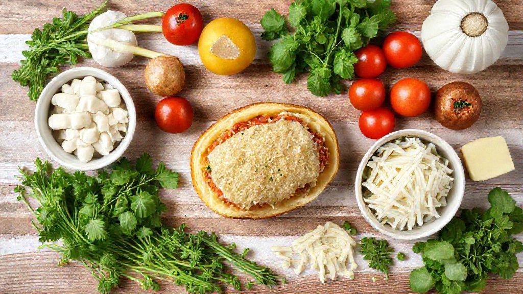 Ingredientes da receita organizados em bancada de madeira: batatas, queijo, presunto, cebola, requeijão e temperos.