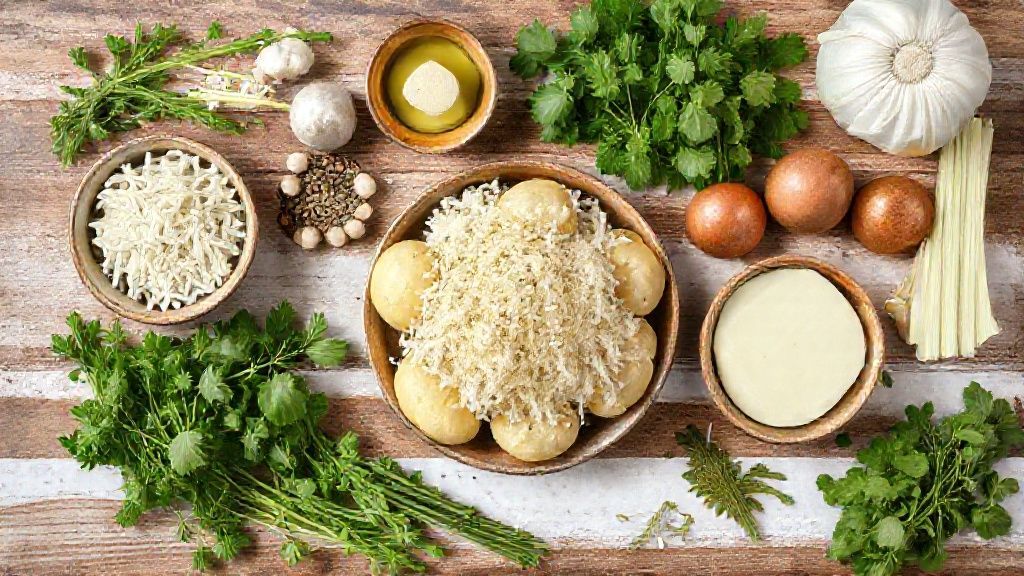 Visão de cima com as batatas, queijo parmesão, alho, manteiga e pimenta organizados em uma bancada rústica