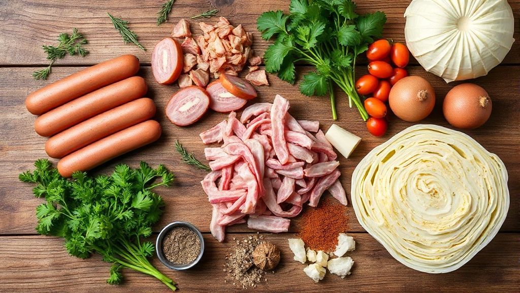 Vista de cima com os ingredientes organizados — repolho, linguiça, bacon, chucrute, especiarias e vinho tinto.