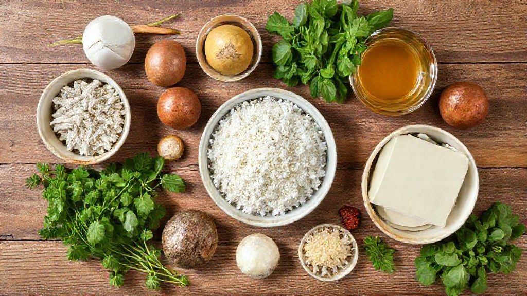 Ingredientes medidos para o biscoitinho caipira em tigelas sobre bancada de madeira