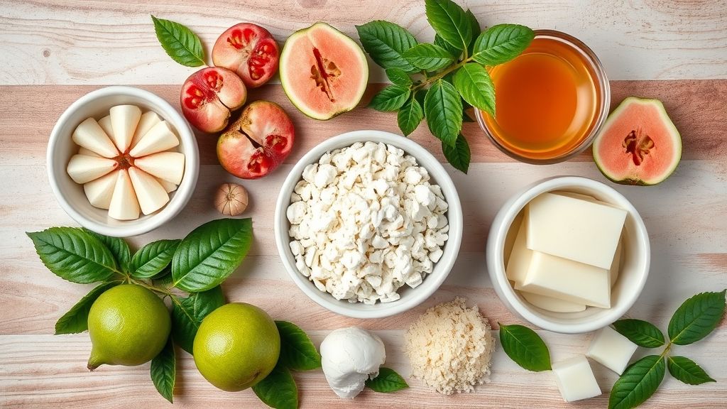 Ingredientes organizados sobre uma bancada, com farinha, manteiga, açúcar, ovos, coco ralado e goiabada picada